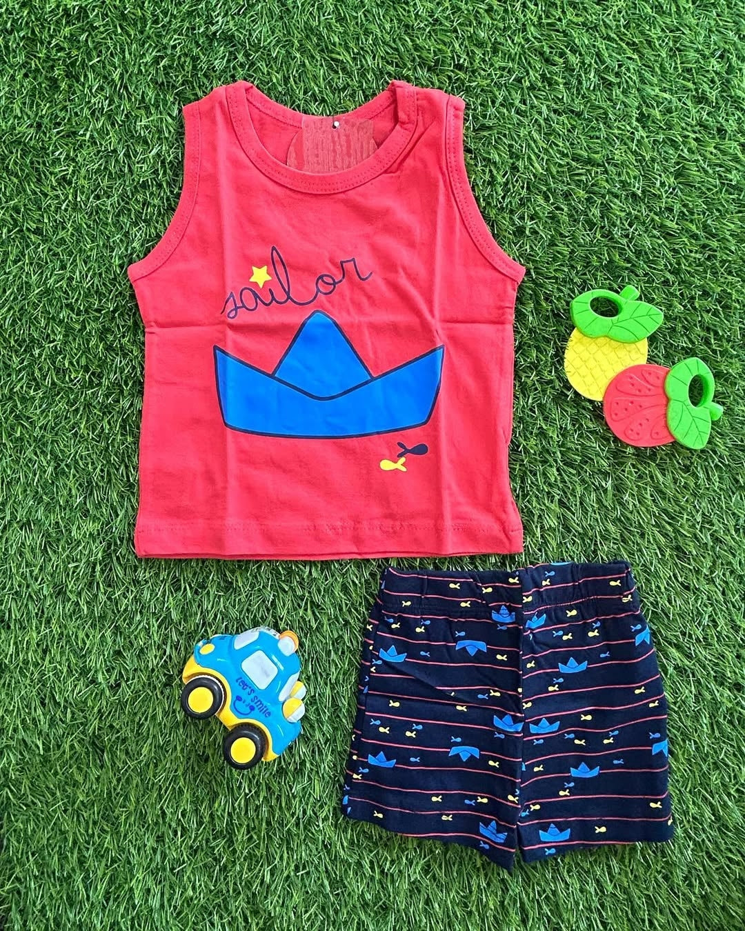 Red & Navy Little Sailor Baby Cotton Sleeveless set