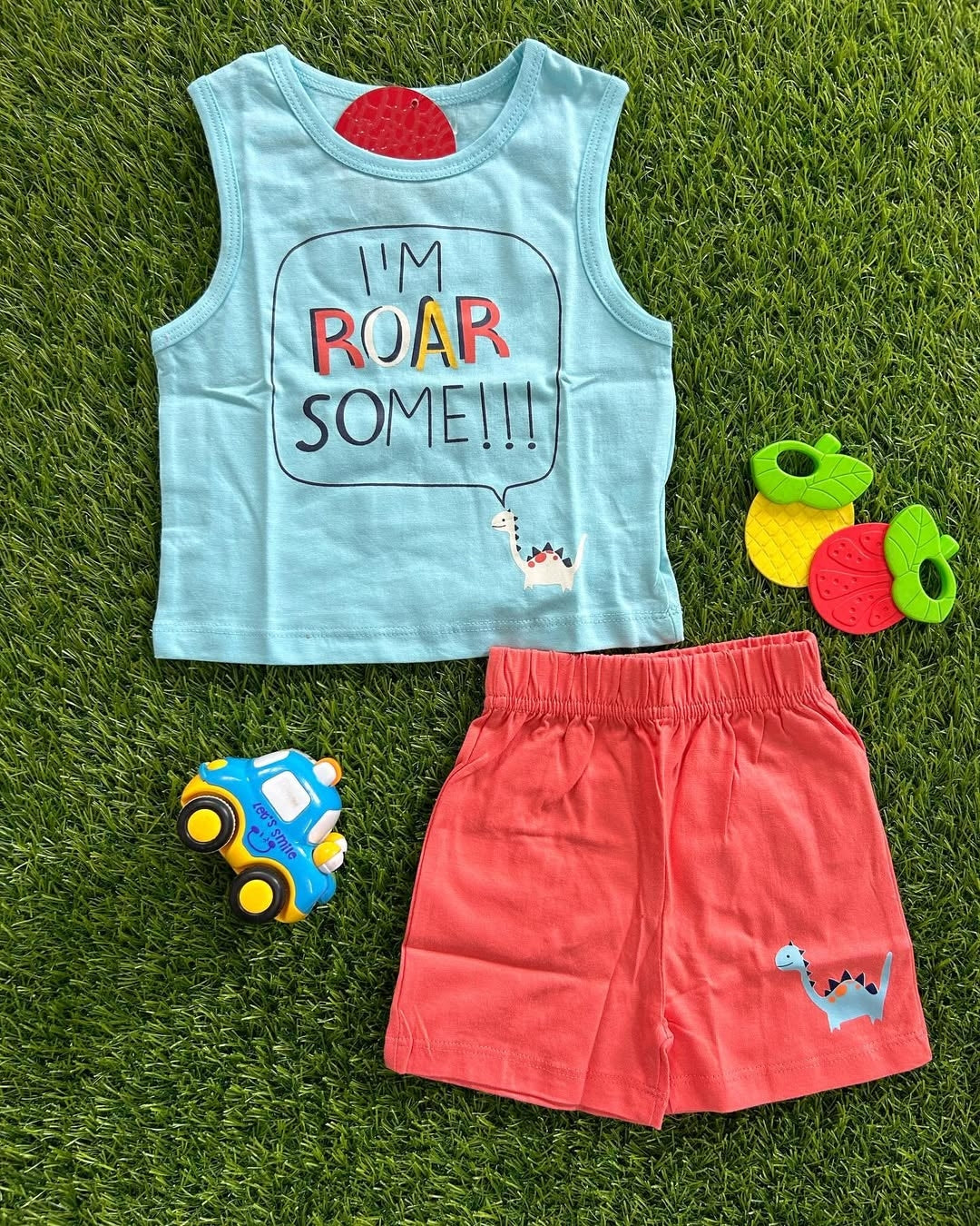 Sky Blue & Coral Roarsome Baby Cotton Sleeveless Set