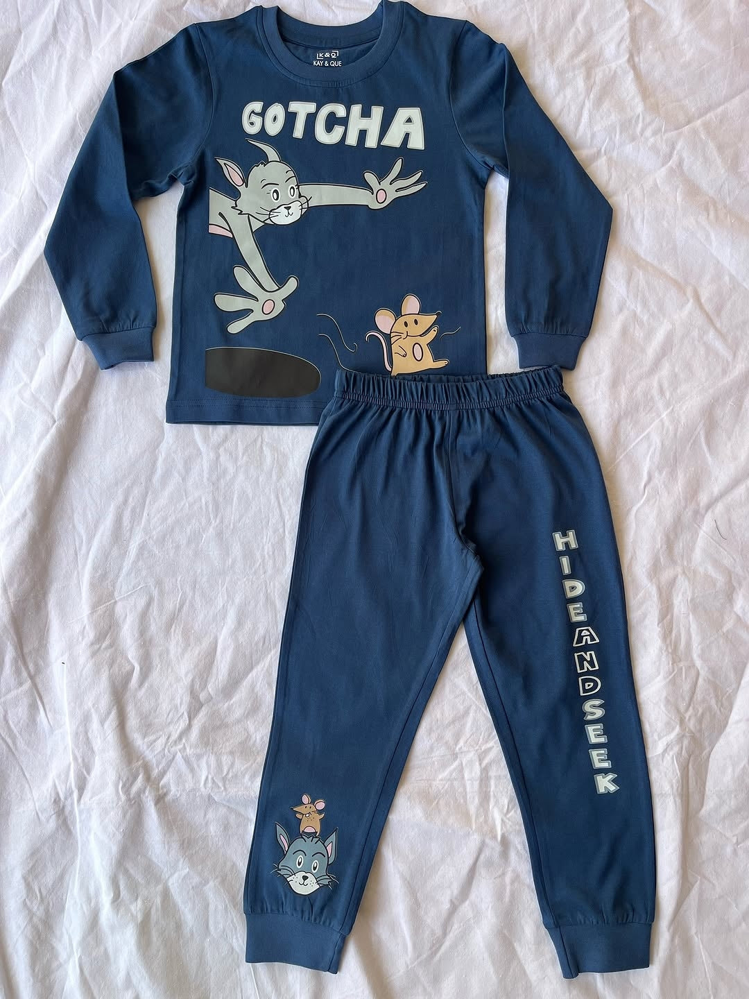 Navy Blue Cat & Mouse Kids Full Sleeve Cotton Dress